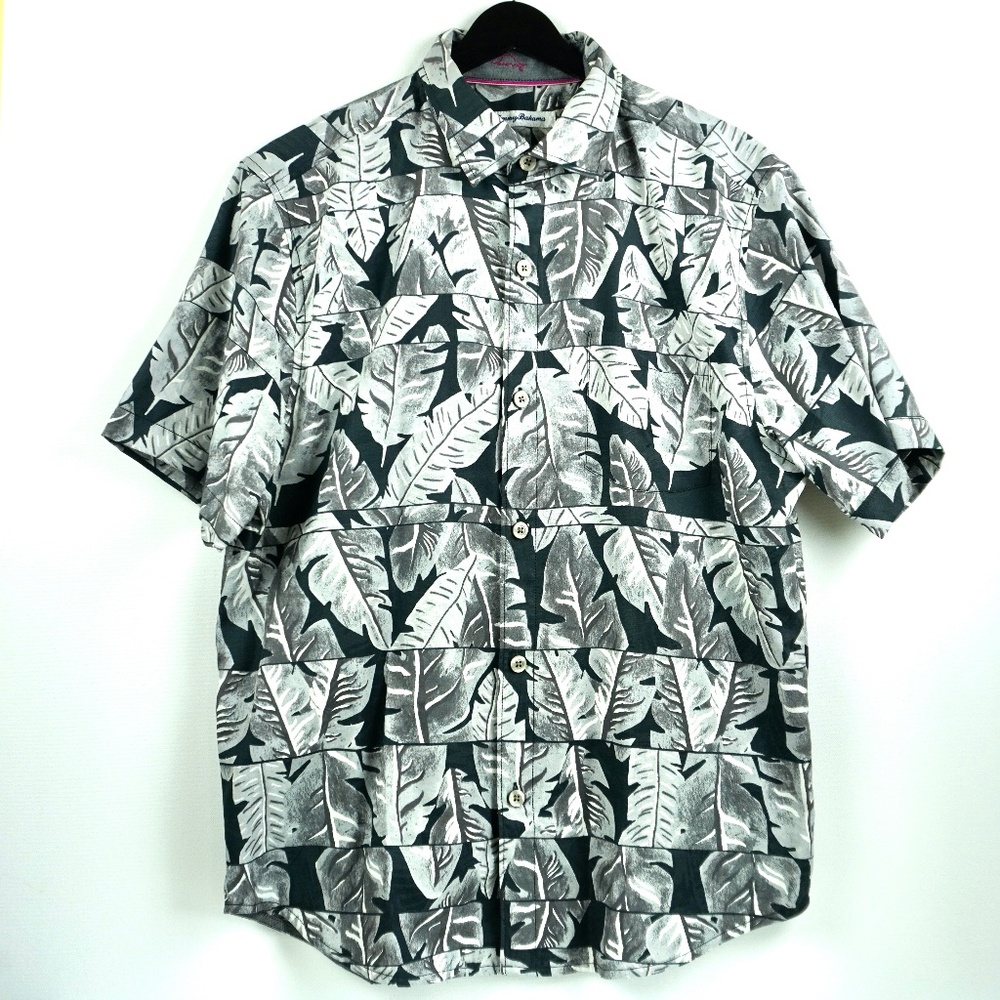 Tommy Bahama Men Shirt Sz M Silk Hawaiin Gray Black Prism Palm Leaf Print Shadow